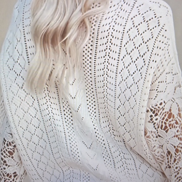 Elegant Semi-Sheer Lace Knit Long Sleeve Crew Neck Top - Picture 2 of 7